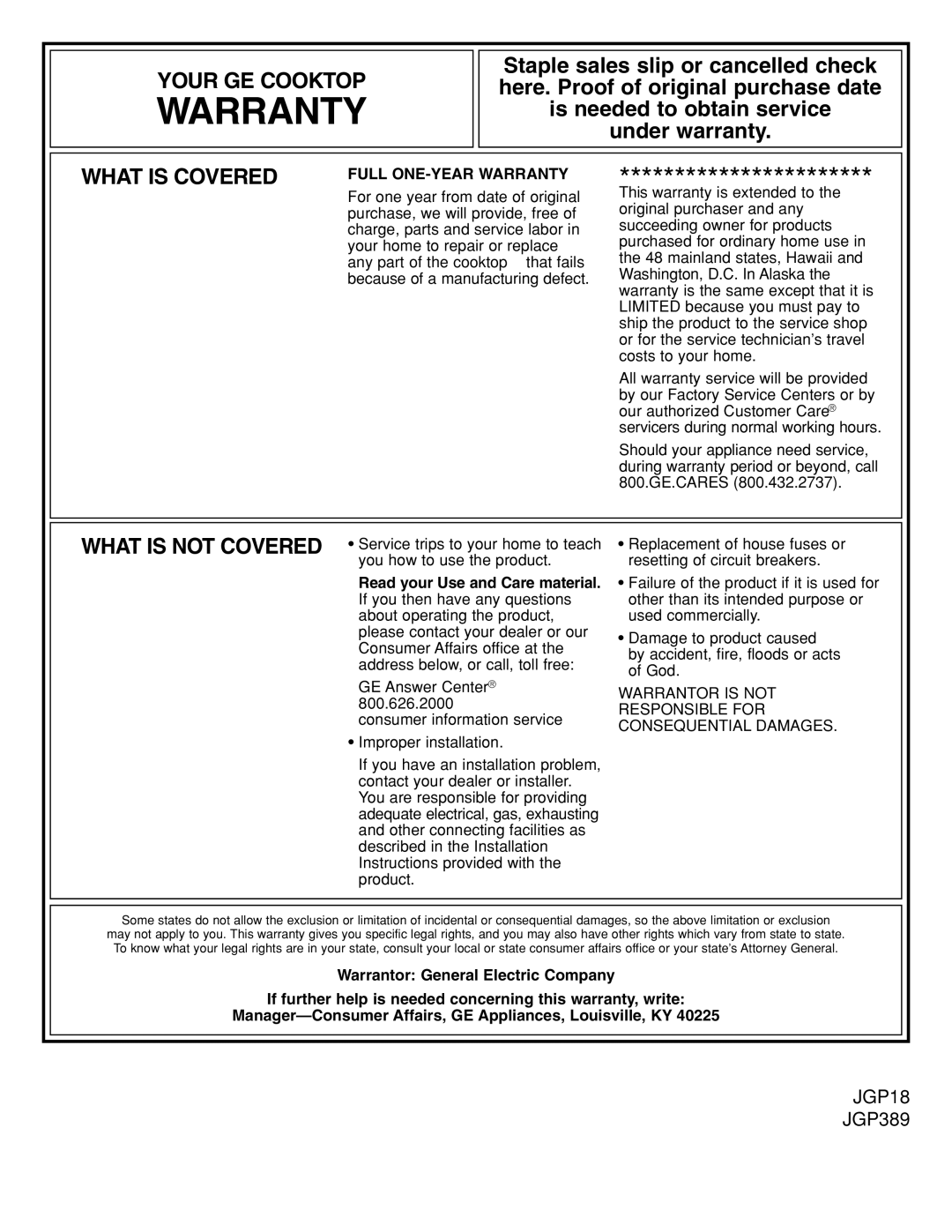 GE JGP389 installation instructions Warranty 