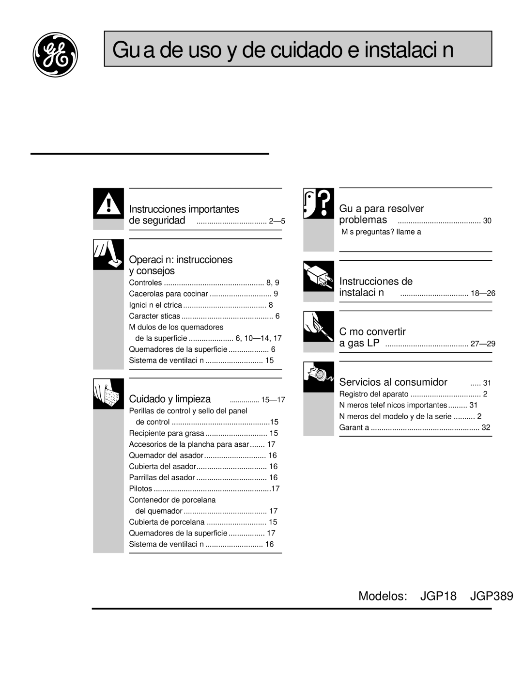 GE JGP389 installation instructions Guía de uso y de cuidado e instalación 