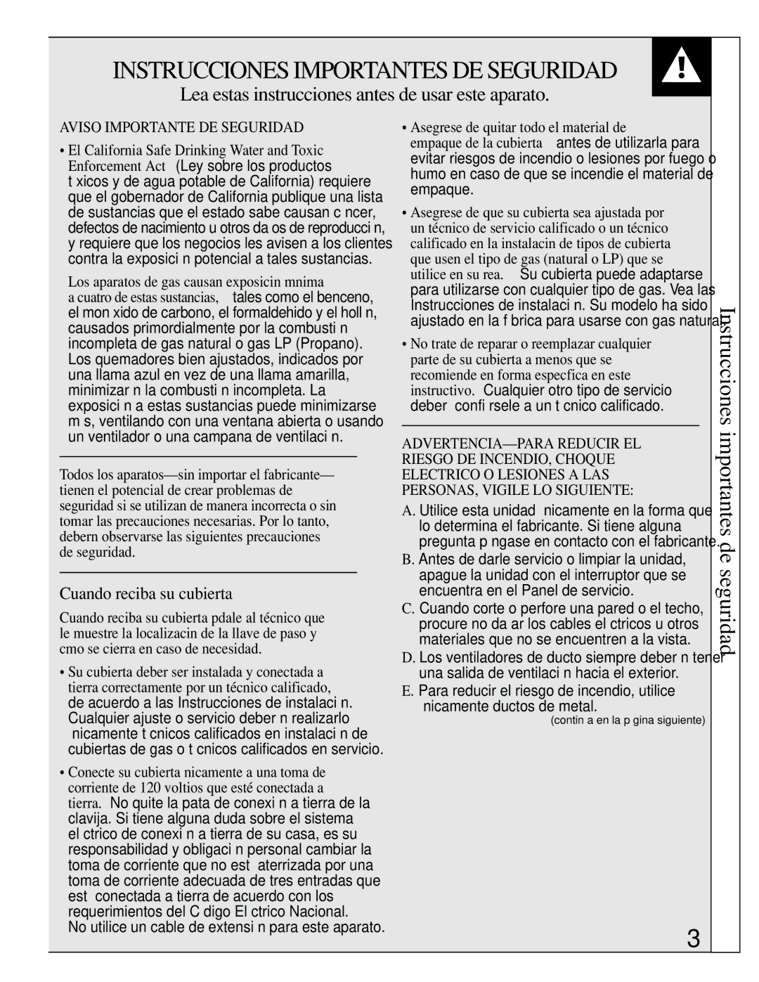 GE JGP389 Instrucciones Importantes DE Seguridad, Instrucciones importantes de seguridad, Cuando reciba su cubierta 