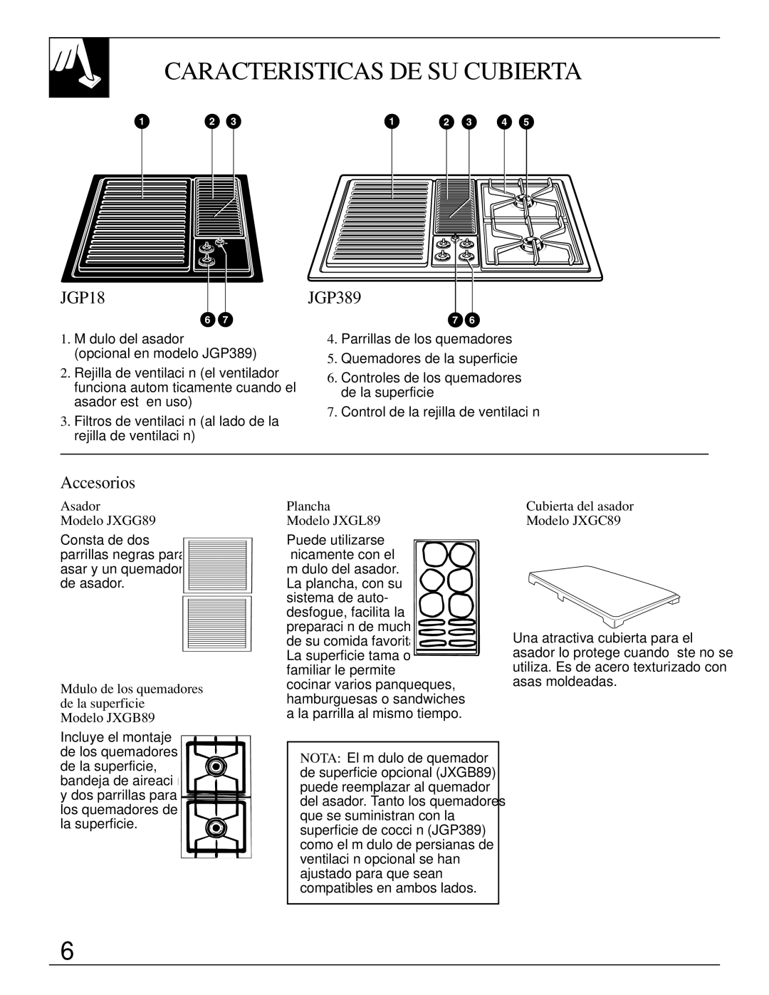 GE JGP389 installation instructions Caracteristicas DE SU Cubierta, Accesorios 