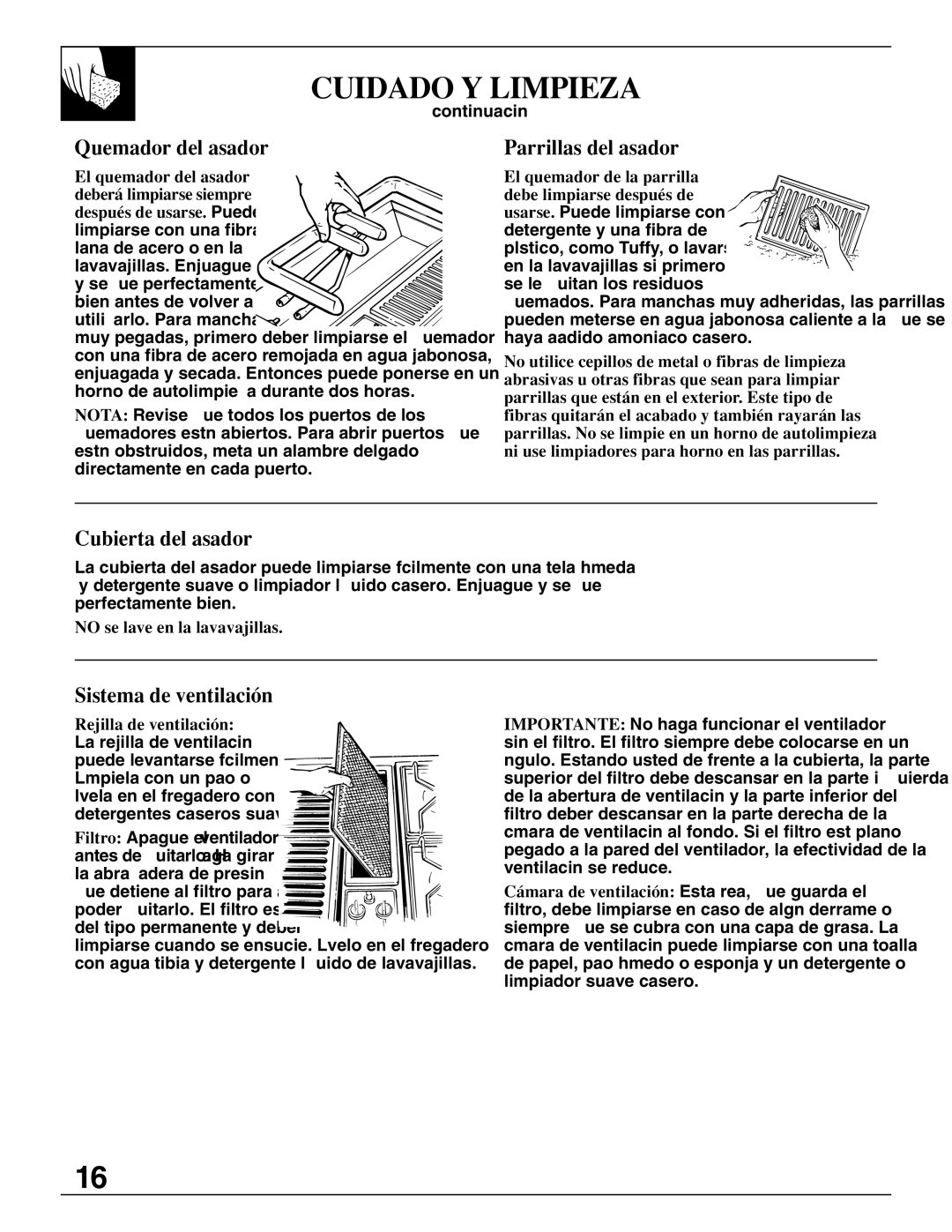 GE JGP389 installation instructions Quemador del asador, Parrillas del asador, Cubierta del asador, Sistema de ventilación 