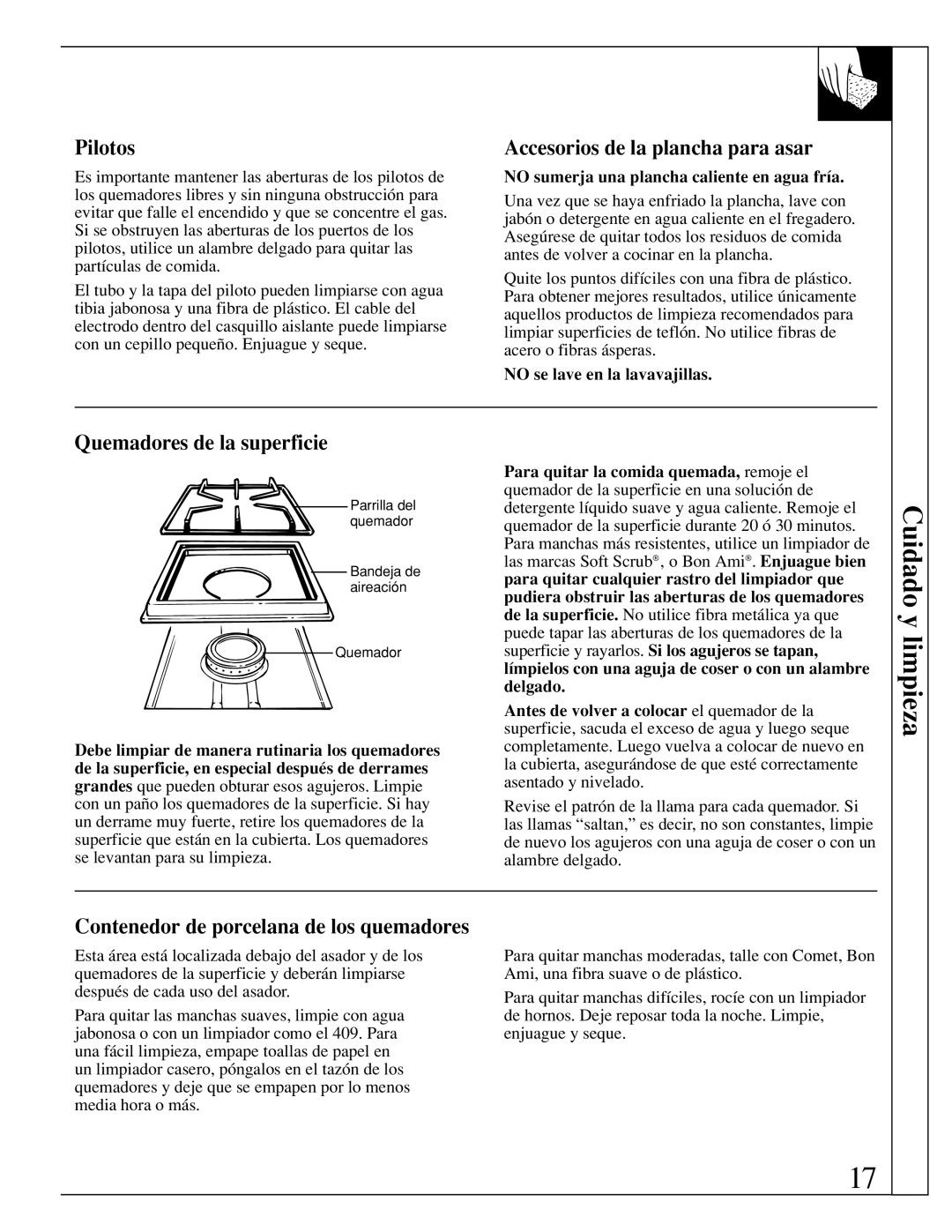 GE JGP389 Cuidado y limpieza, Pilotos, Accesorios de la plancha para asar, Quemadores de la superficie 