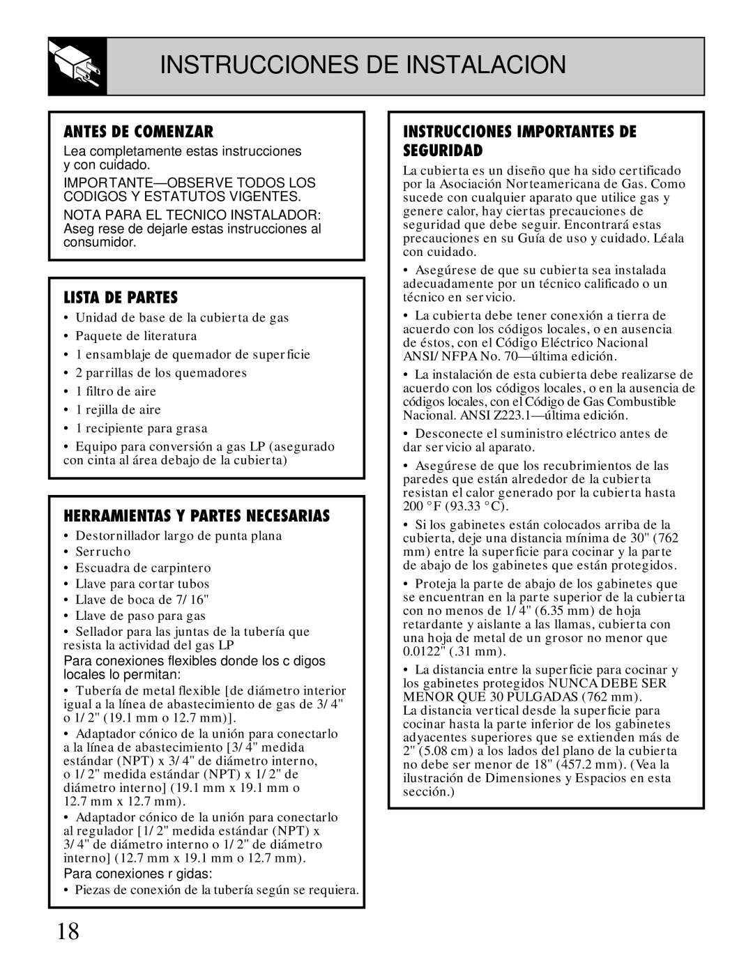 GE JGP389 Instrucciones DE Instalacion, Antes DE Comenzar, Lista DE Partes, Herramientas Y Partes Necesarias 