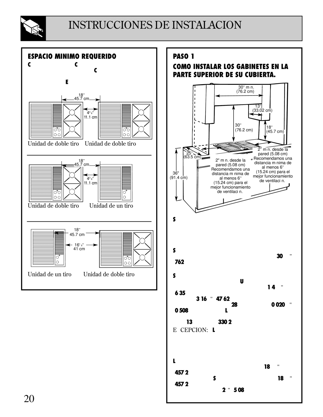 GE JGP389 installation instructions Espacio Minimo Requerido, Paso, Unidad de doble tiro Unidad de doble tiro 