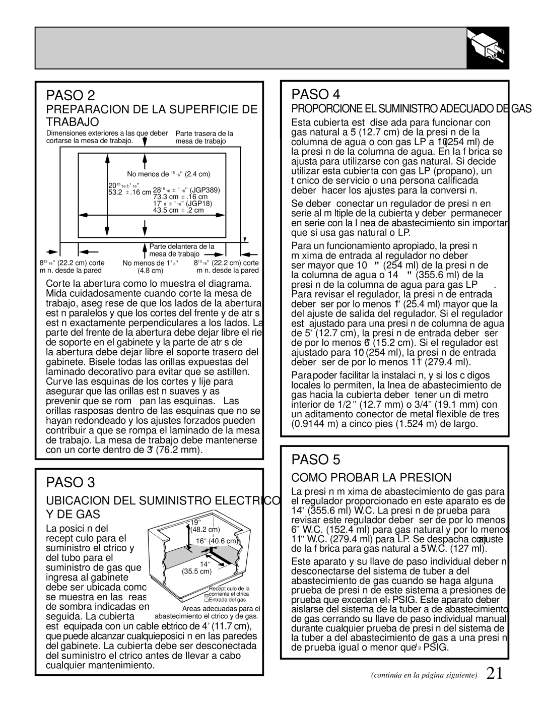 GE JGP389 Preparacion DE LA Superficie DE Trabajo, Ubicacion DEL Suministro Electrico Y DE GAS, Como Probar LA Presion 