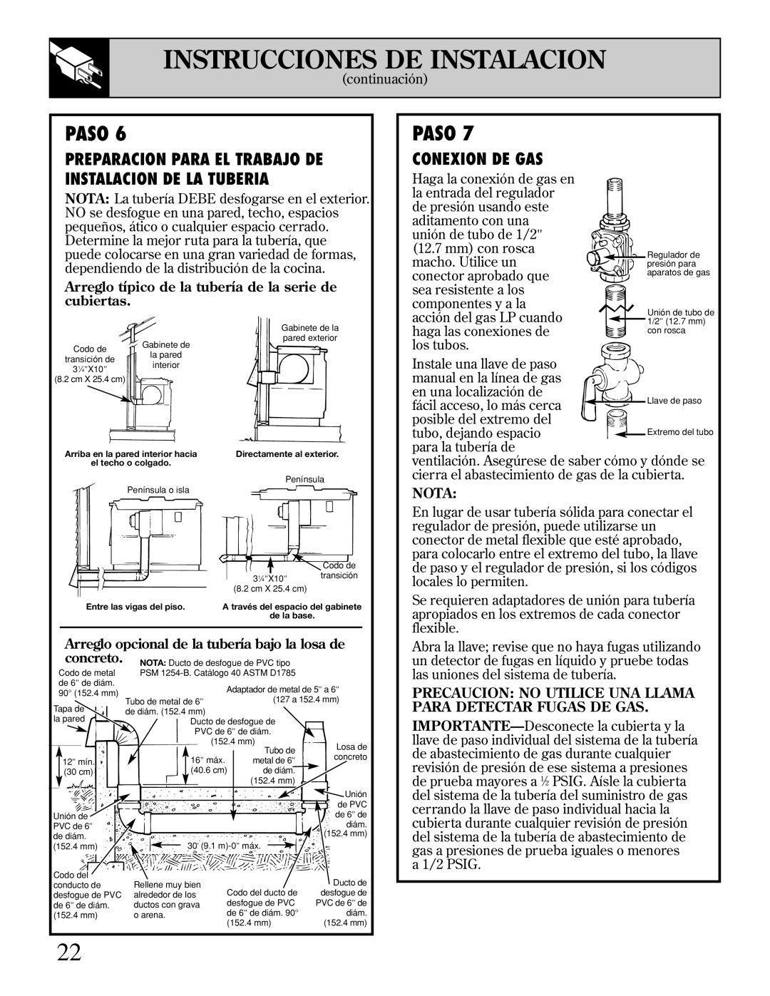 GE JGP389 installation instructions Preparacion Para EL Trabajo DE Instalacion DE LA Tuberia, Conexion DE GAS 