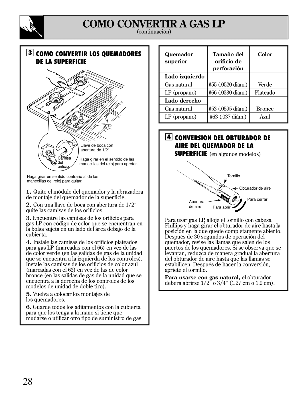 GE JGP389 installation instructions Como Convertir a GAS LP, Como Convertir LOS Quemadores DE LA Superficie, Lado derecho 