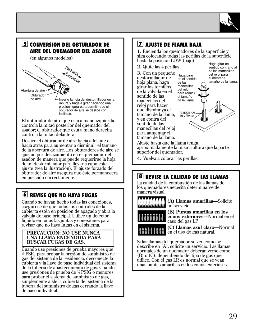 GE JGP389 installation instructions Ajuste DE Flama Baja, Revise QUE no Haya Fugas, Revise LA Calidad DE LAS Llamas 