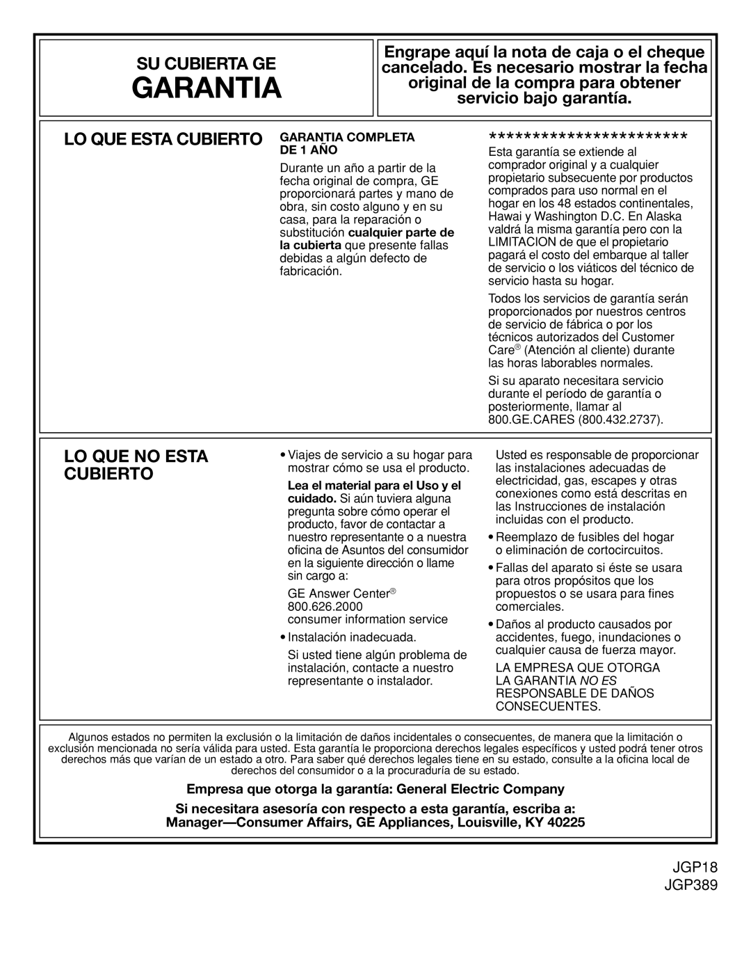 GE JGP389 installation instructions Garantia 