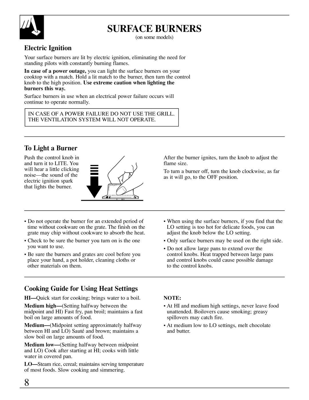 GE JGP389 Surface Burners, Electric Ignition, To Light a Burner, Cooking Guide for Using Heat Settings 