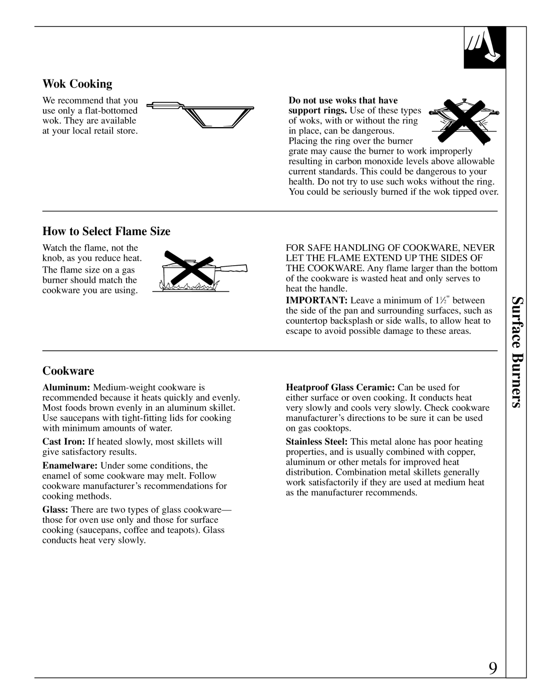 GE JGP389 installation instructions Surface, Burners, Wok Cooking, How to Select Flame Size, Cookware 