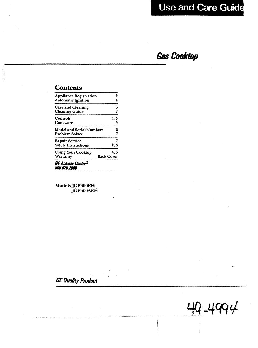 GE JGP600AEH, JGP600EH warranty Contents, Models 