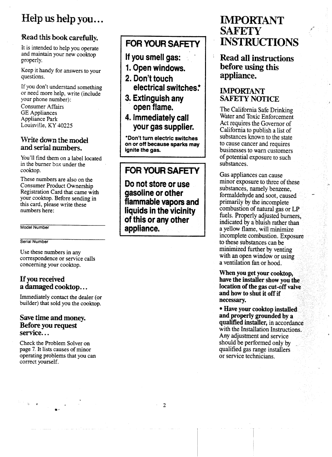 GE JGP600EH, JGP600AEH warranty Safety Instructions, Read this book carefully, ~~@ down the model and serial numbers 