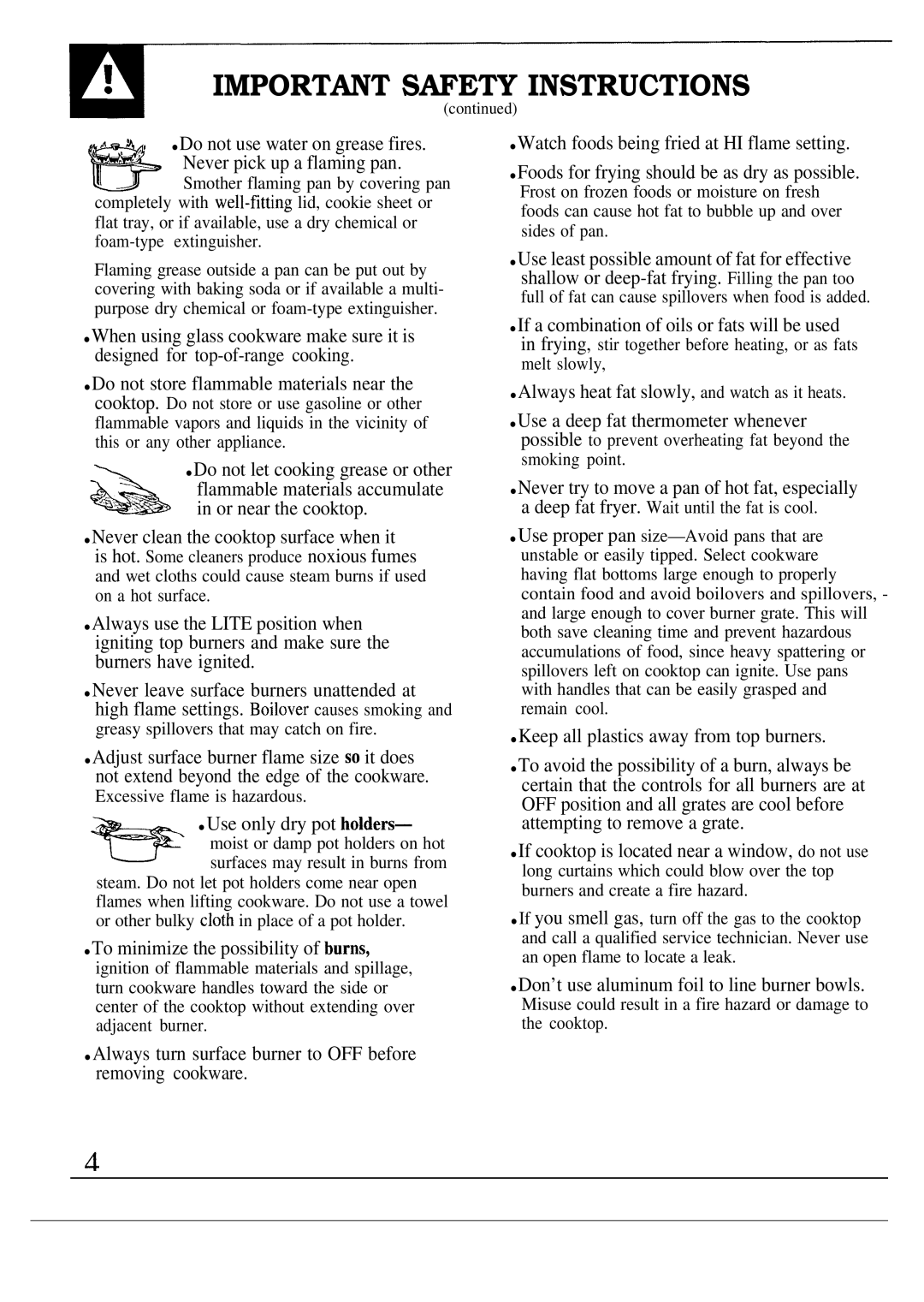 GE JGP622ER, JGP623ER operating instructions Important Safety Instructions, Smoking point 