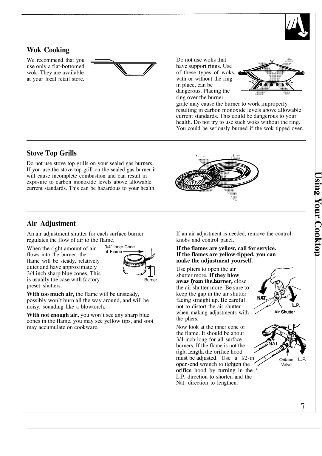 GE JGP623ER, JGP622ER operating instructions Wok Cooking, Stove Top Grills, Air Adjustment 