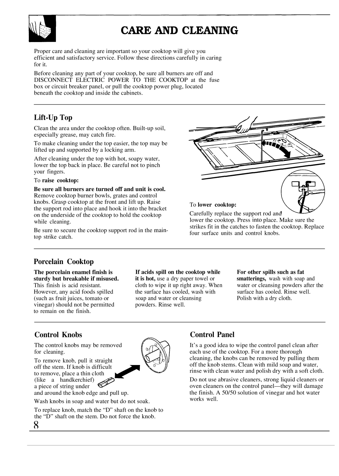 GE JGP622ER, JGP623ER operating instructions Care and Cleaning, Lift-Up Top, Porcelain Cooktop, Control Knobs, Control Panel 