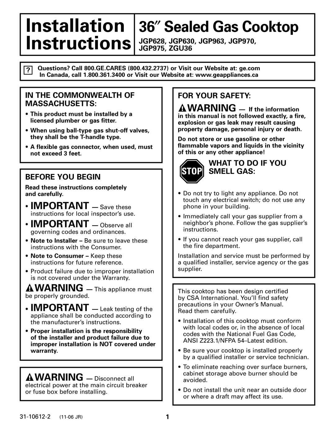 GE JGP970, JGP630, ZGU36 warranty Important Save these, Commonwealth of Massachusetts, Before YOU Begin, For Your Safety 