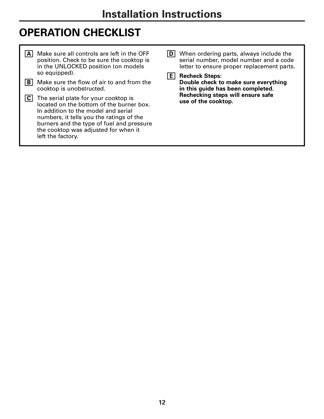 GE JGP630, JGP970, ZGU36 warranty Operation Checklist 