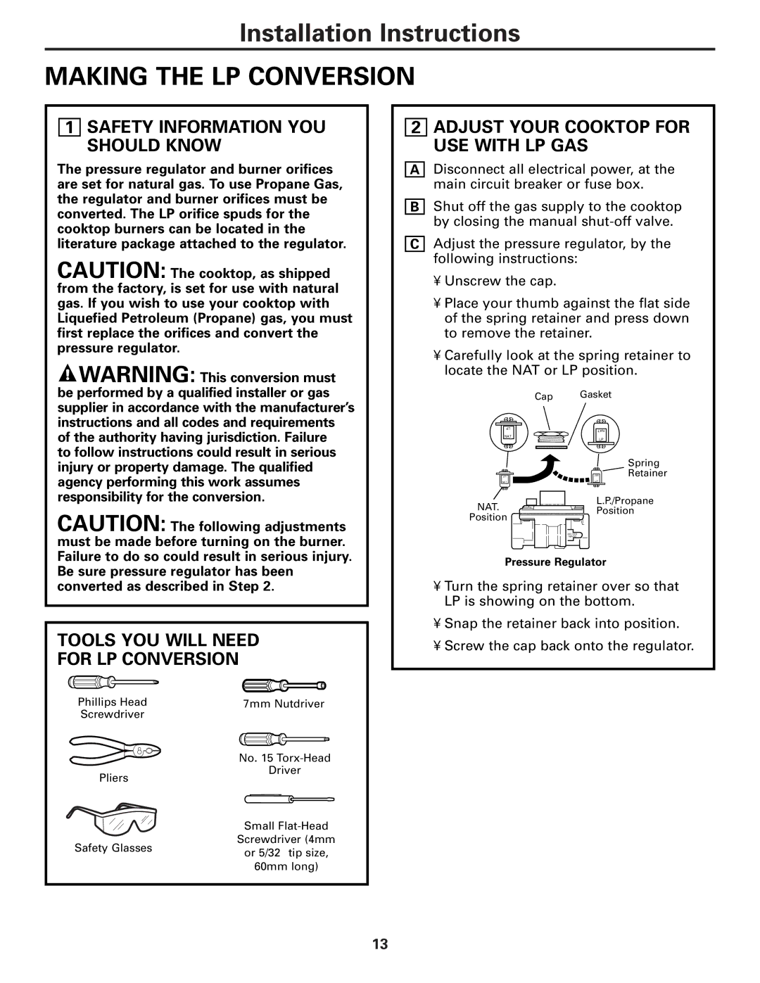 GE JGP970, JGP630 Making the LP Conversion, Safety Information YOU should Know, Adjust Your Cooktop for USE with LP GAS 