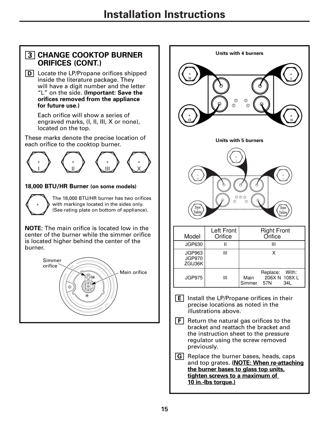 GE JGP630, JGP970, ZGU36 warranty 18,000 BTU/HR Burner on some models, Left Front Right Front Model, 10 in.-lbs torque 