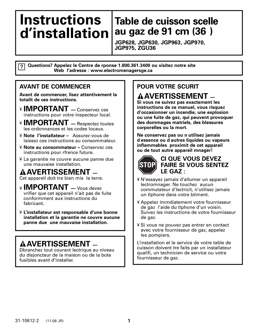 GE ZGU36 Important Vous devez, Avant DE Commencer, Pour Votre Sécurité, CI QUE Vous Devez Faire SI Vous Sentez LE GAZ 