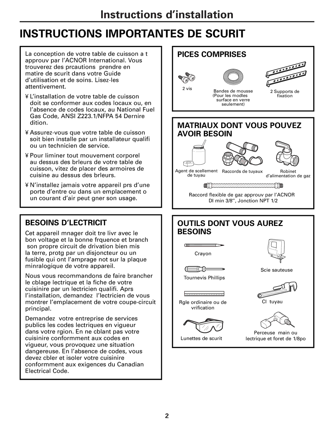 GE JGP630, JGP970, ZGU36 Instructions Importantes DE Sécurité, Pièces Comprises, Matériaux Dont Vous Pouvez Avoir Besoin 