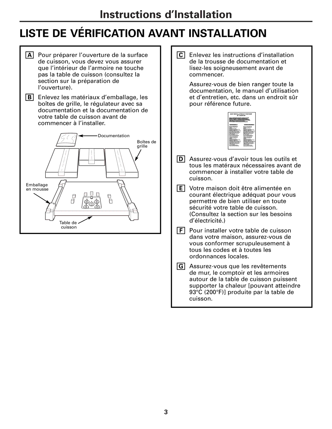 GE JGP970, JGP630, ZGU36 warranty Liste DE Vérification Avant Installation 