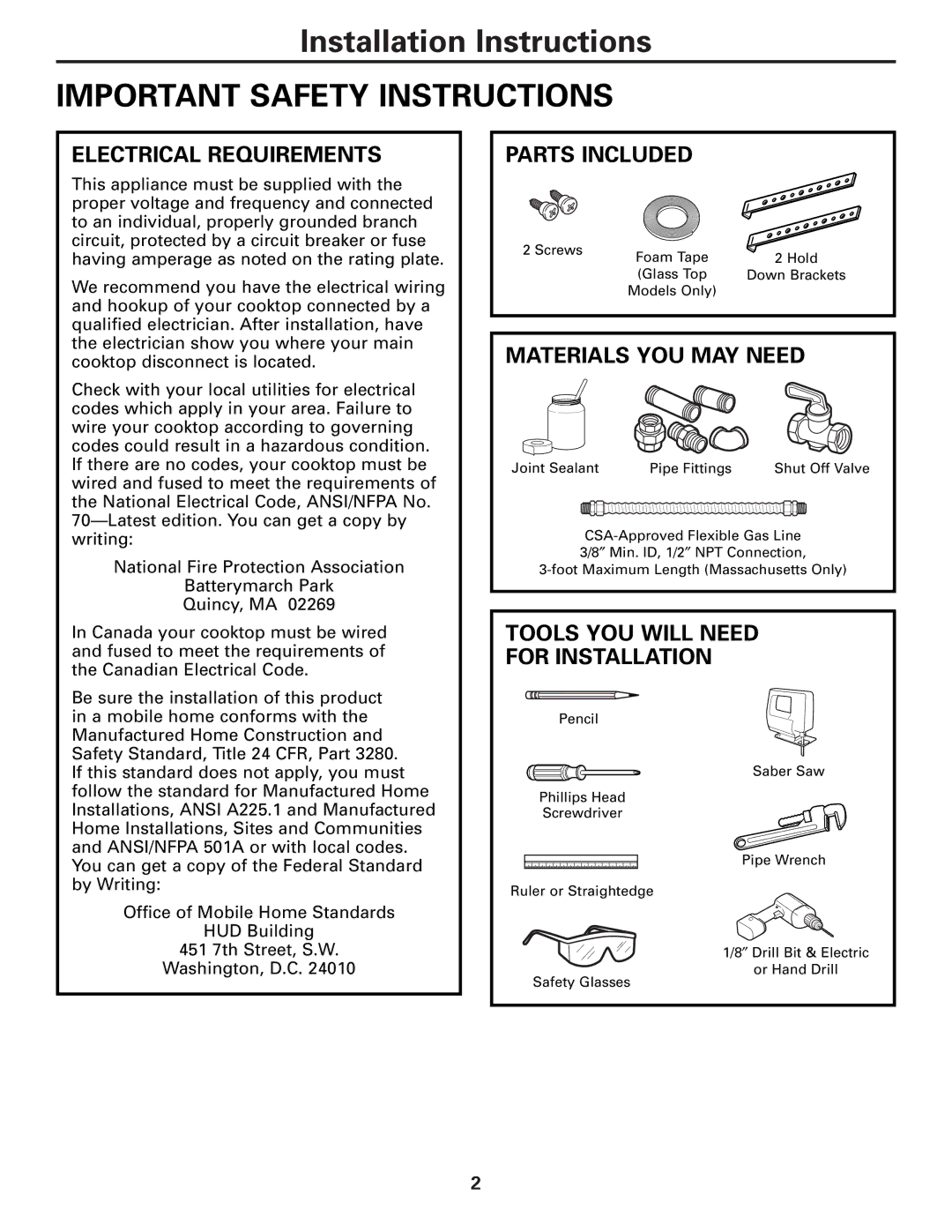 GE ZGU36, JGP630, JGP970 Important Safety Instructions, Electrical Requirements, Parts Included, Materials YOU MAY Need 