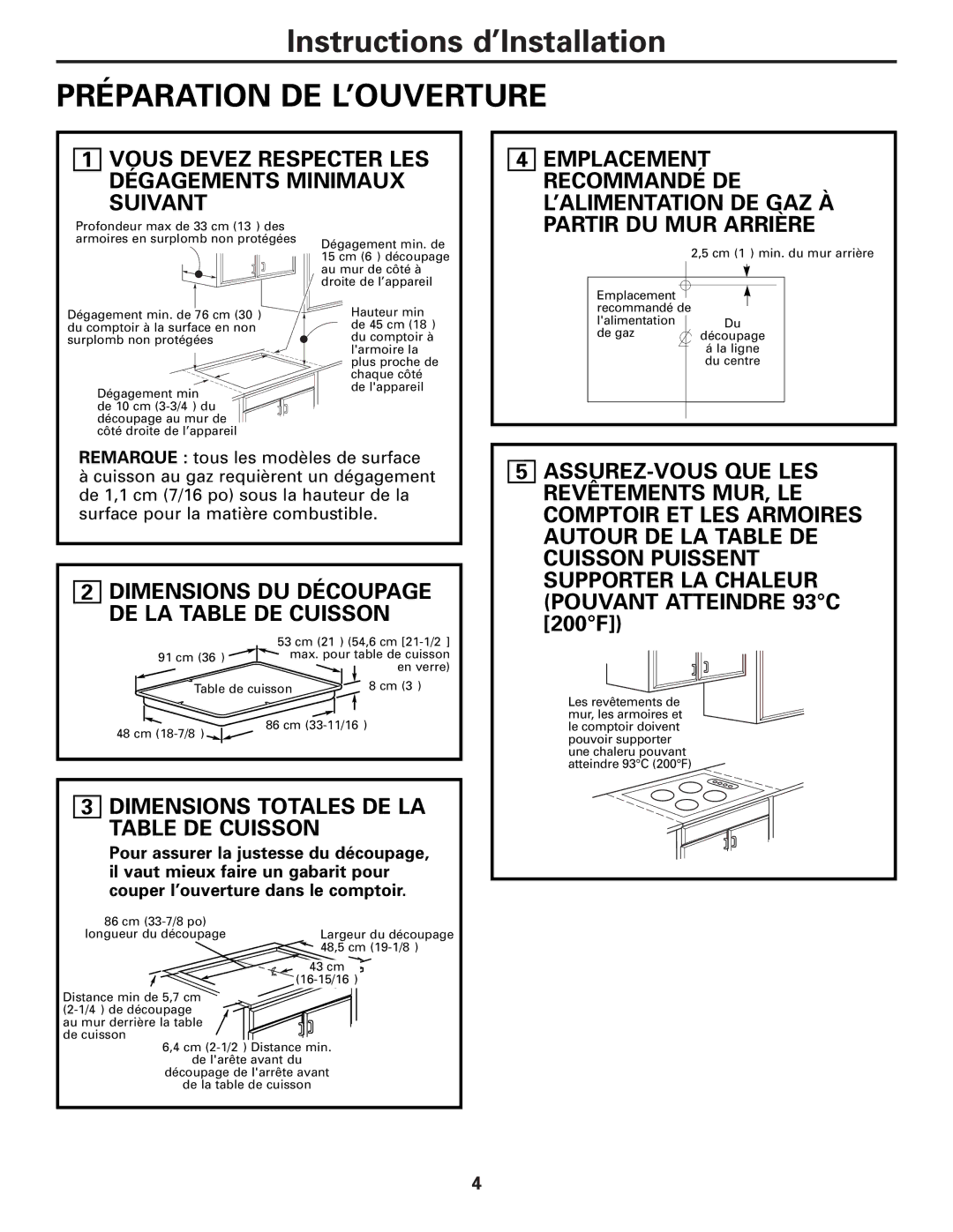 GE ZGU36, JGP630, JGP970 Préparation DE L’OUVERTURE, Dimensions DU Découpage DE LA Table DE Cuisson, ’Alimentation De Gaz À 