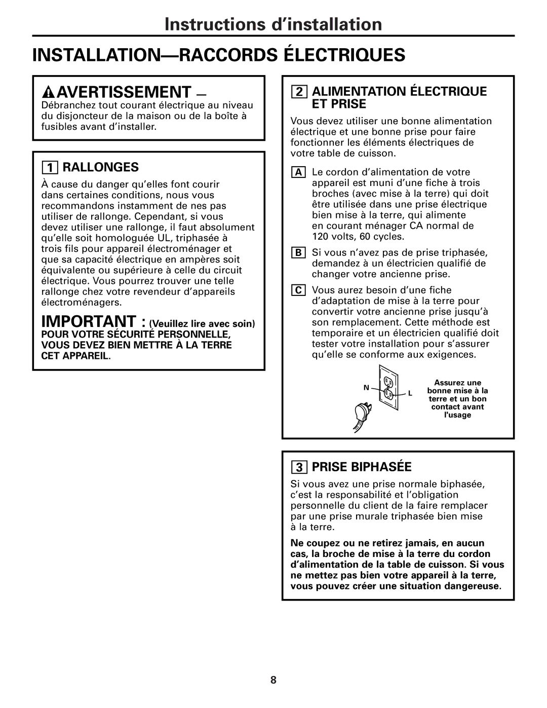 GE JGP630, JGP970, ZGU36 INSTALLATION-RACCORDS Électriques, Rallonges, Alimentation Électrique ET Prise, Prise Biphasée 