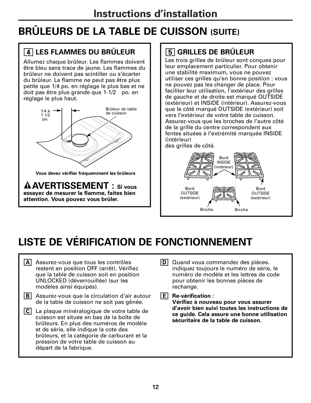 GE JGP970, JGP630 Brûleurs DE LA Table DE Cuisson Suite, Liste DE Vérification DE Fonctionnement, Avertissement Si vous 