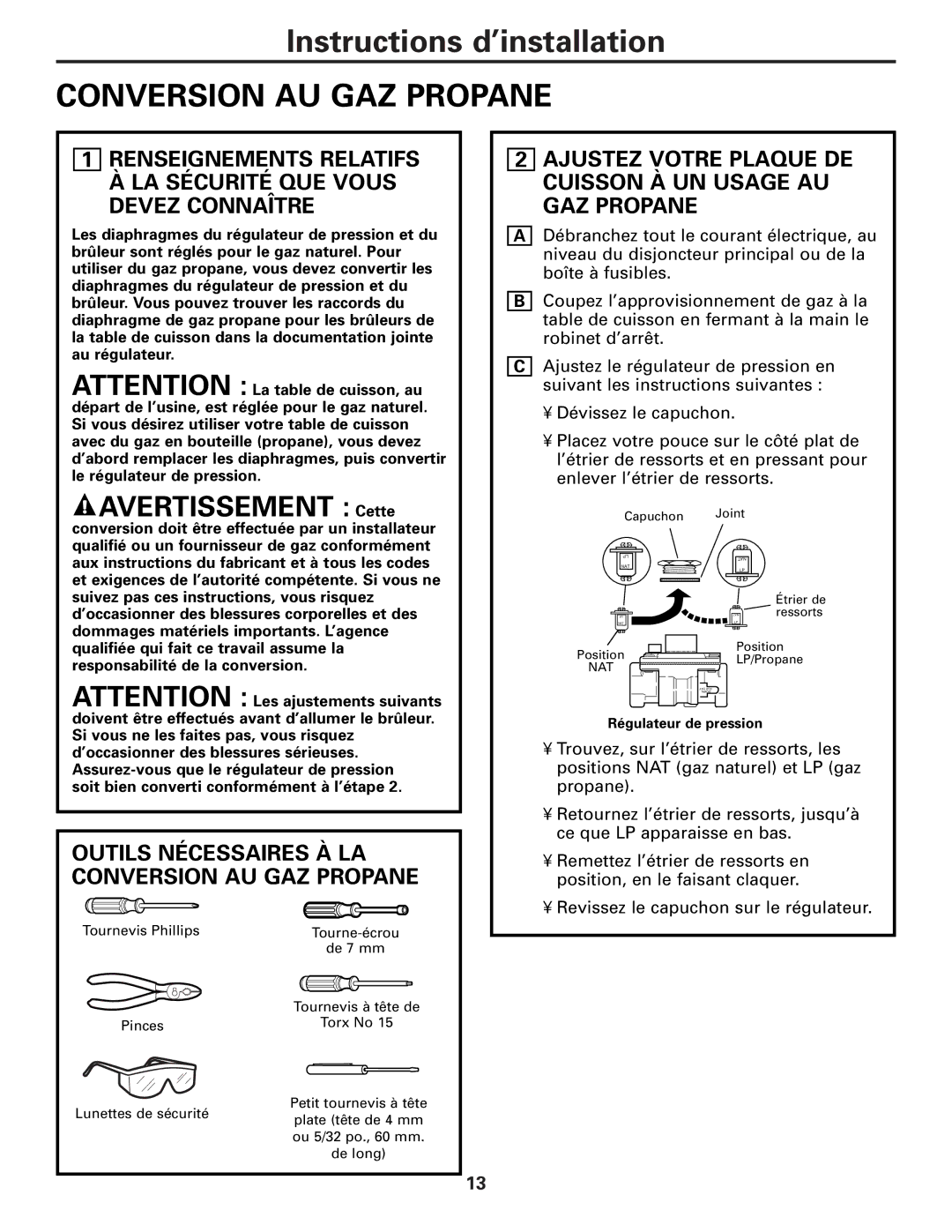 GE ZGU36, JGP630 Conversion AU GAZ Propane, Avertissement Cette, Ajustez Votre Plaque DE Cuisson À UN Usage AU GAZ Propane 