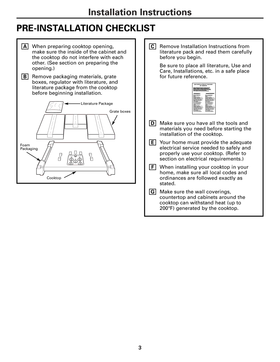 GE JGP630, JGP970, ZGU36 warranty PRE-INSTALLATION Checklist 