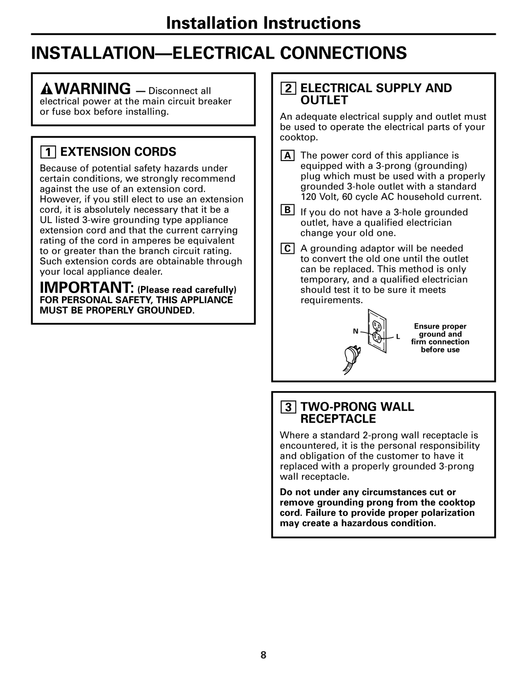 GE ZGU36 INSTALLATION-ELECTRICAL Connections, Extension Cords, Electrical Supply and Outlet, TWO-PRONG Wall Receptacle 