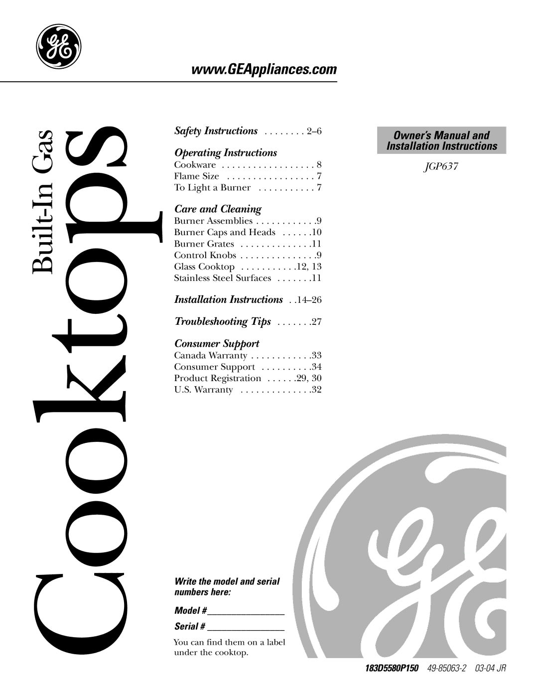 GE JGP637 installation instructions CooktopsBuilt-In Gas 