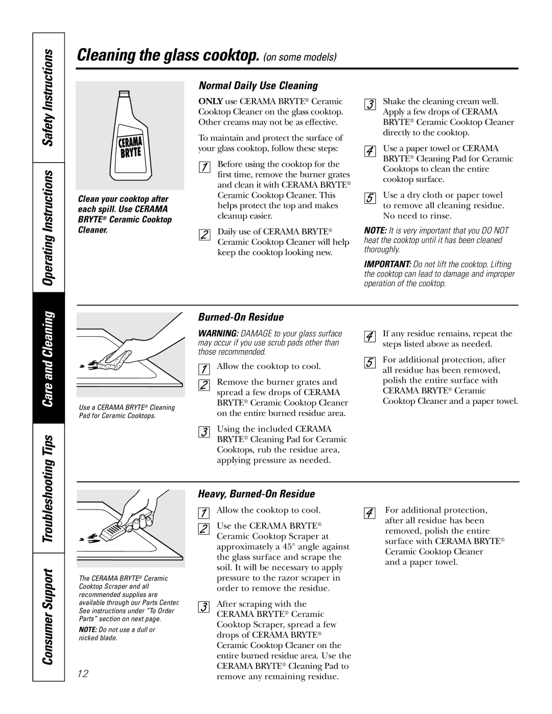 GE JGP637 Cleaning the glass cooktop. on some models, Operating Instructions Safety, Normal Daily Use Cleaning 