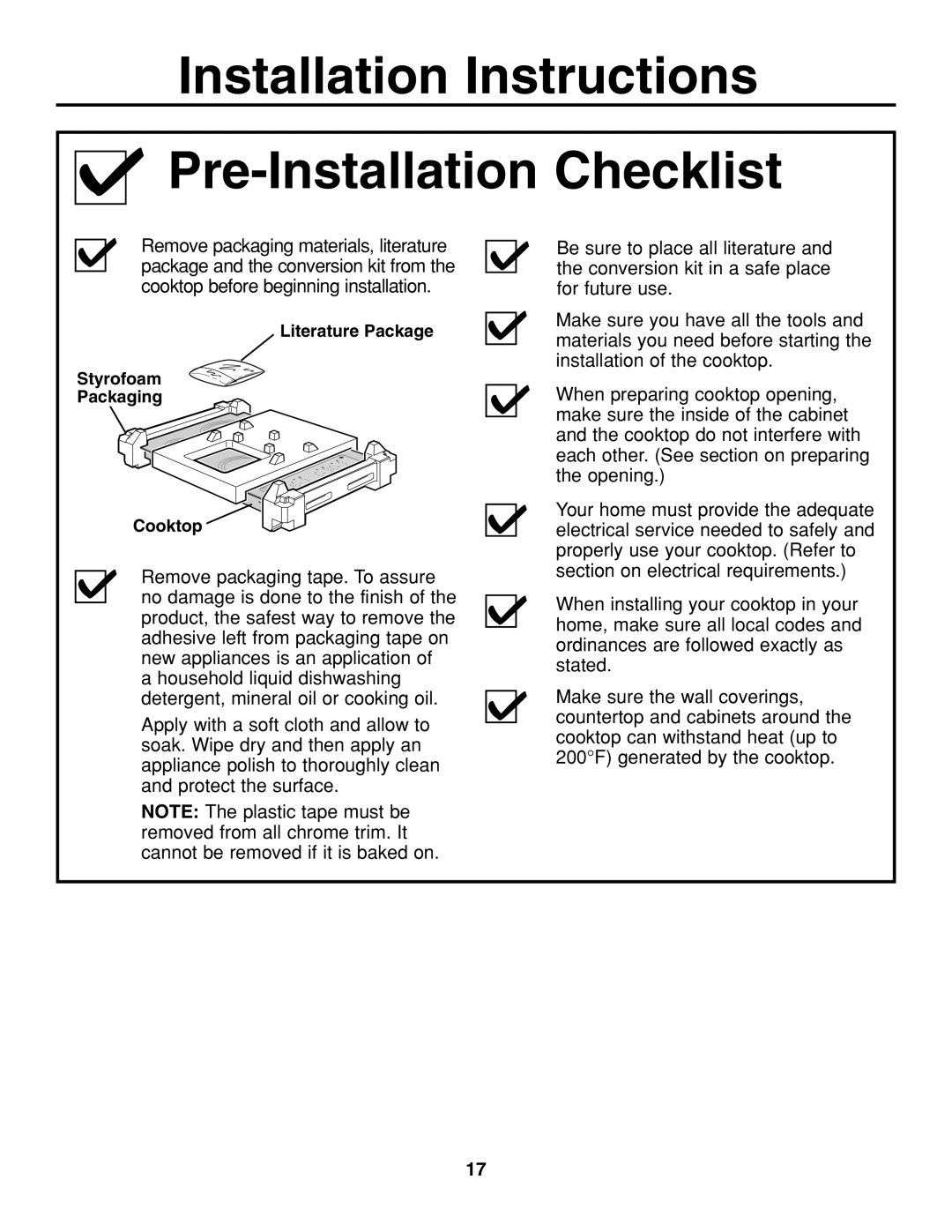 GE JGP637 installation instructions Installation Instructions Pre-Installation Checklist 