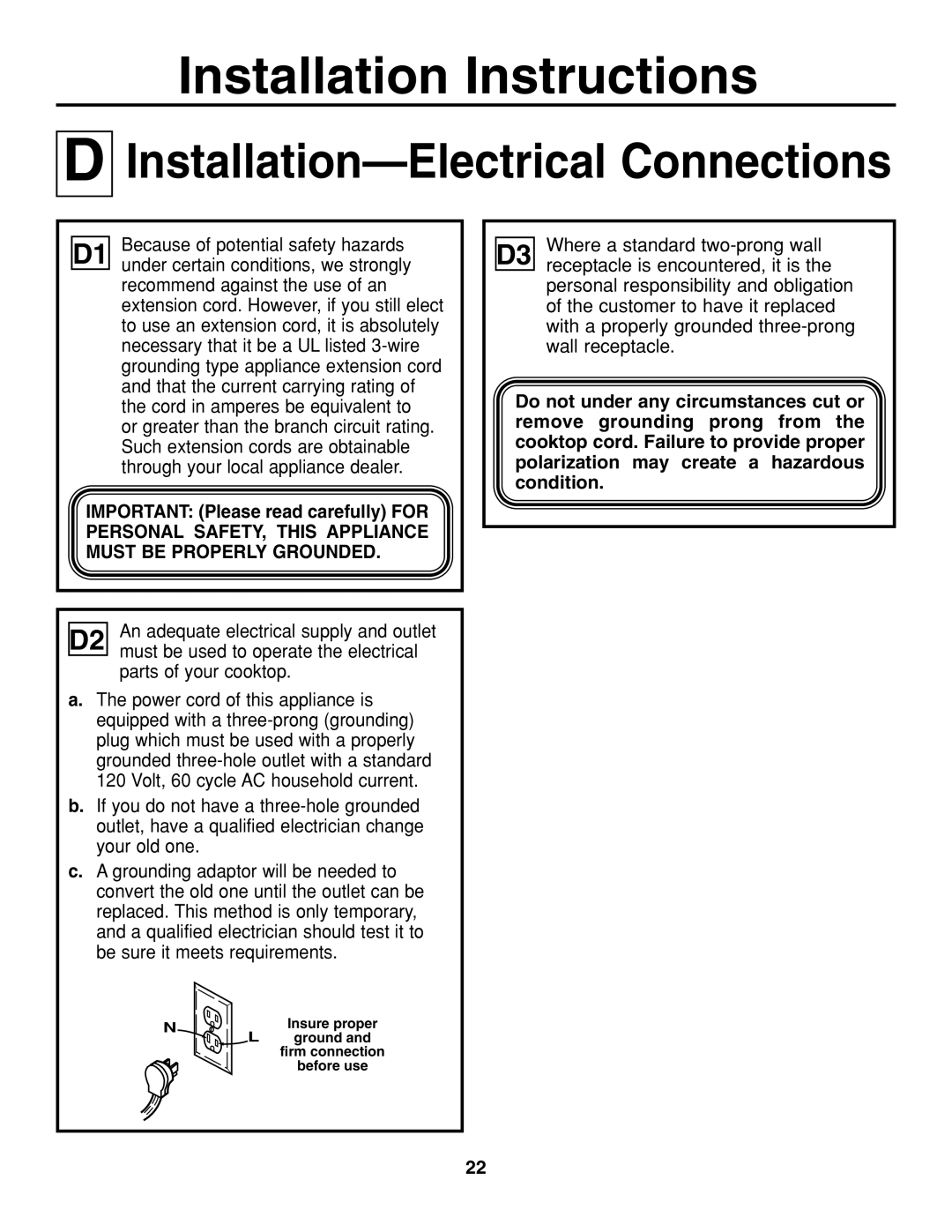 GE JGP637 installation instructions Installation-Electrical Connections 