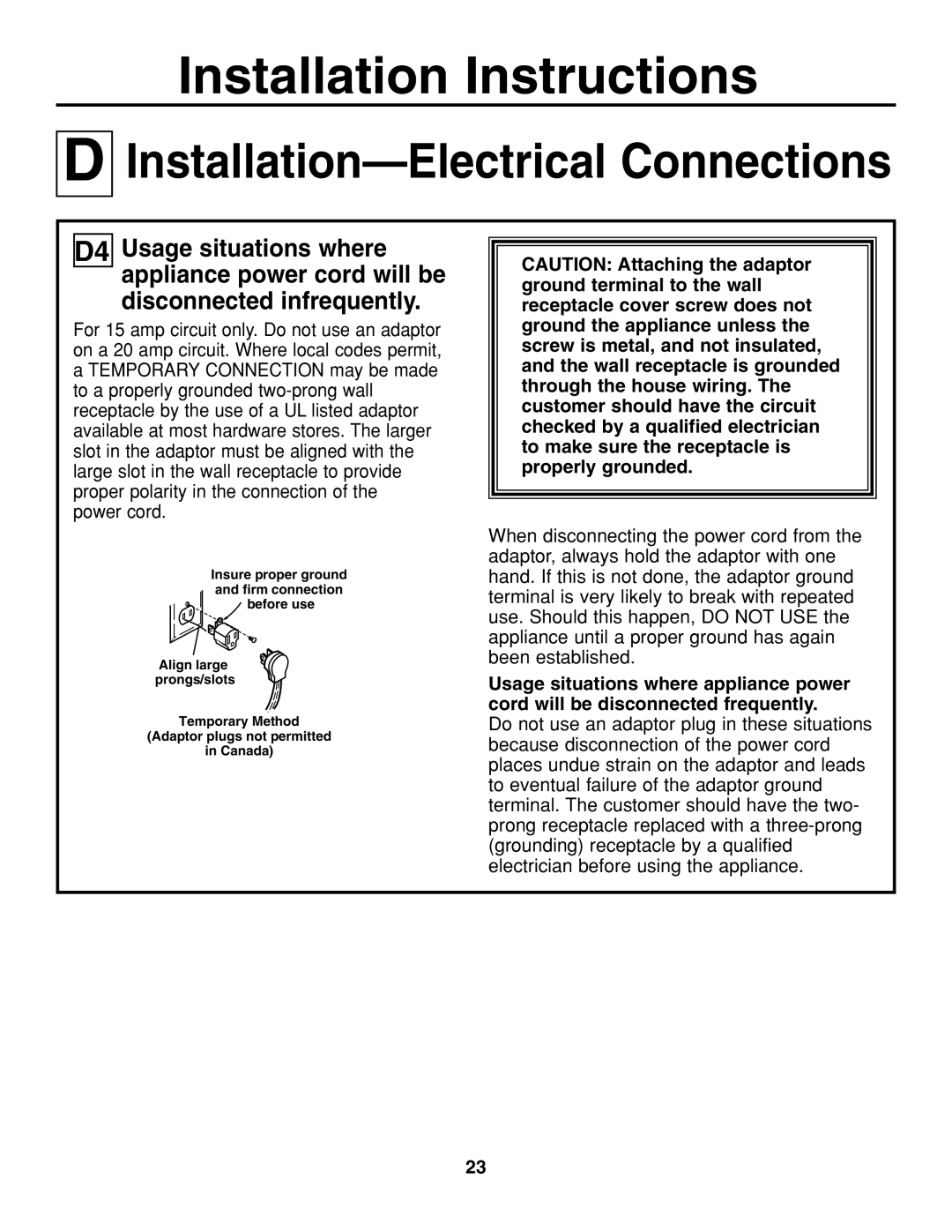 GE JGP637 installation instructions Insure proper ground and firm connection before use 