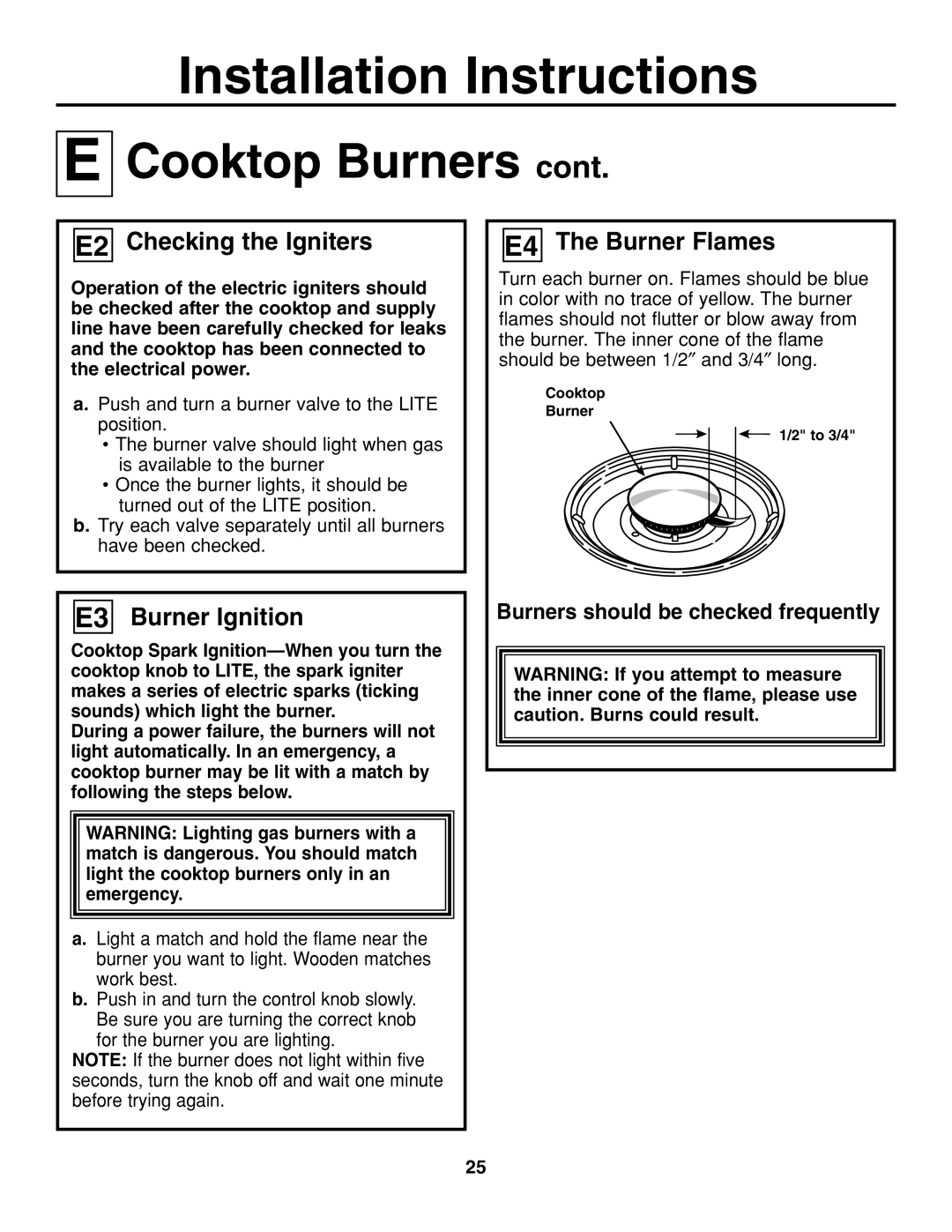 GE JGP637 installation instructions E2 Checking the Igniters, E3 Burner Ignition, E4 The Burner Flames 