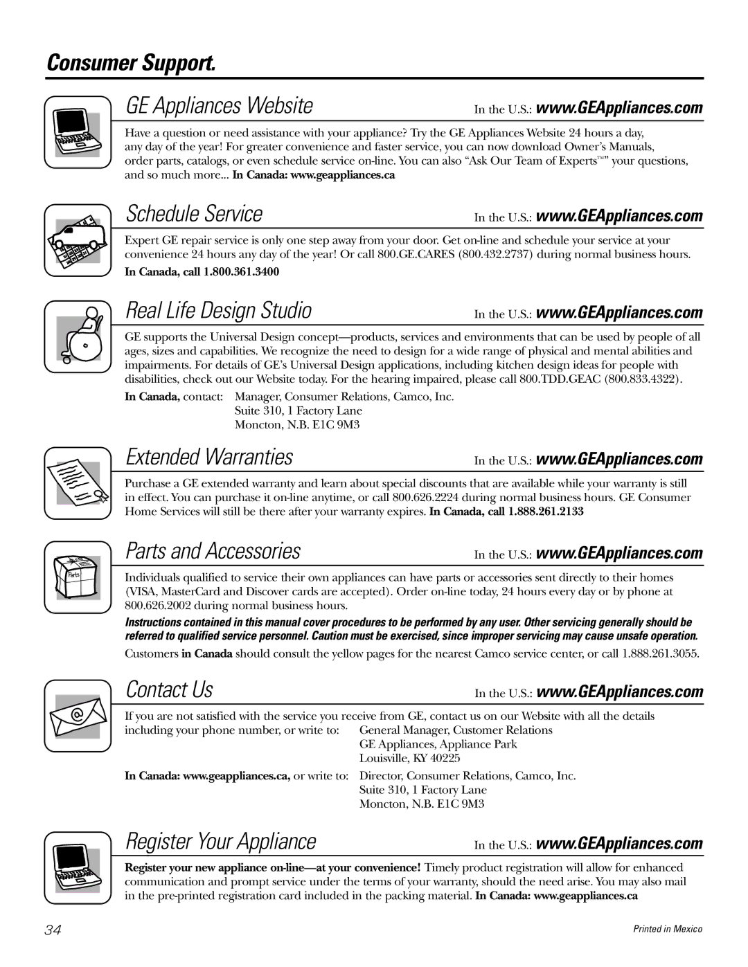 GE JGP637 installation instructions Consumer Support, GE Appliances Website Schedule Service 