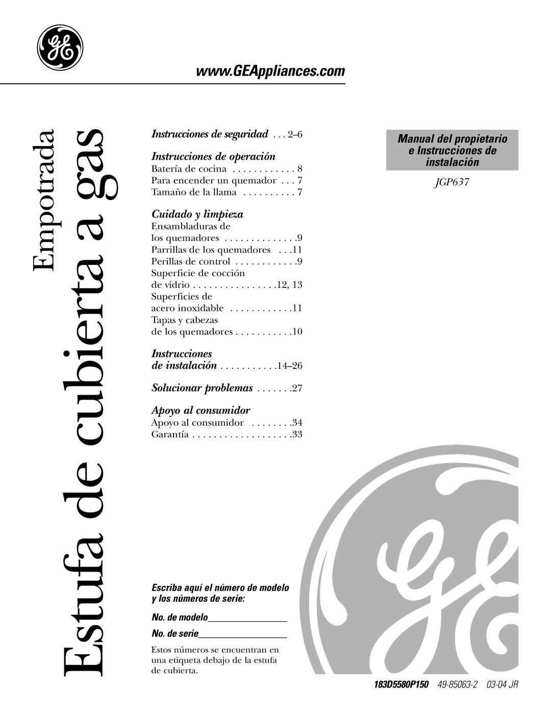 GE JGP637 installation instructions Estufa de cubierta a gas 