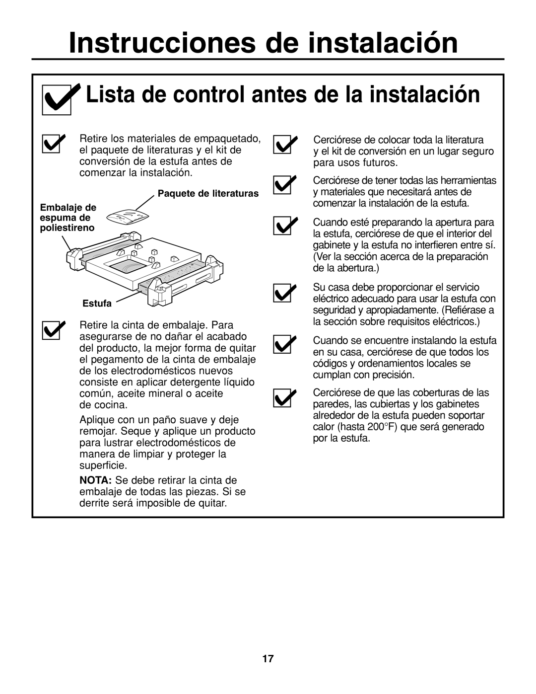 GE JGP637 installation instructions Lista de control antes de la instalación 