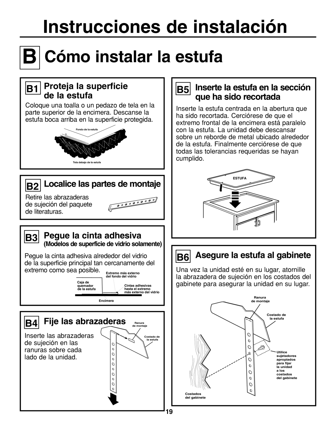 GE JGP637 B1 Proteja la superficie de la estufa, B2 Localice las partes de montaje, B3 Pegue la cinta adhesiva 