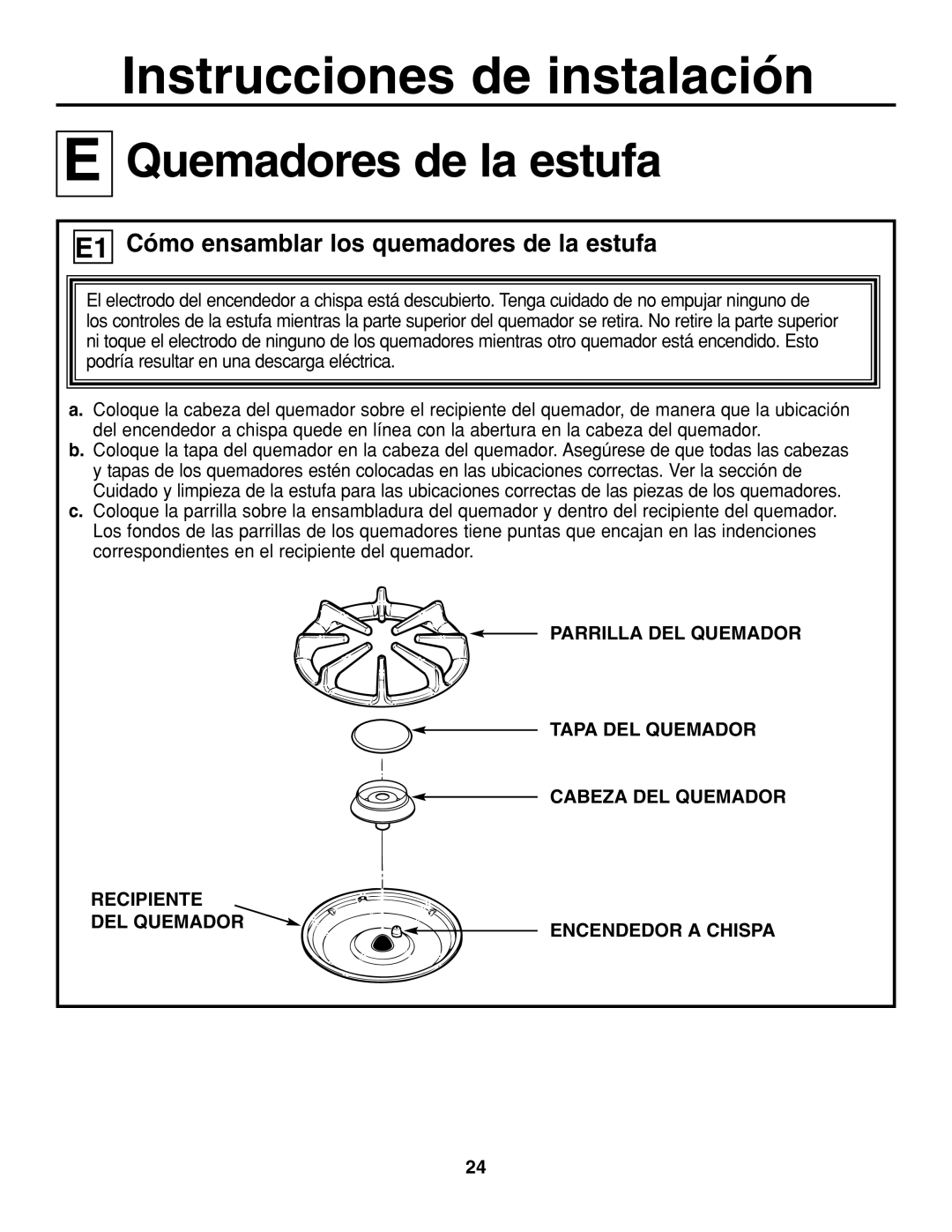 GE JGP637 installation instructions Quemadores de la estufa, Cómo ensamblar los quemadores de la estufa 