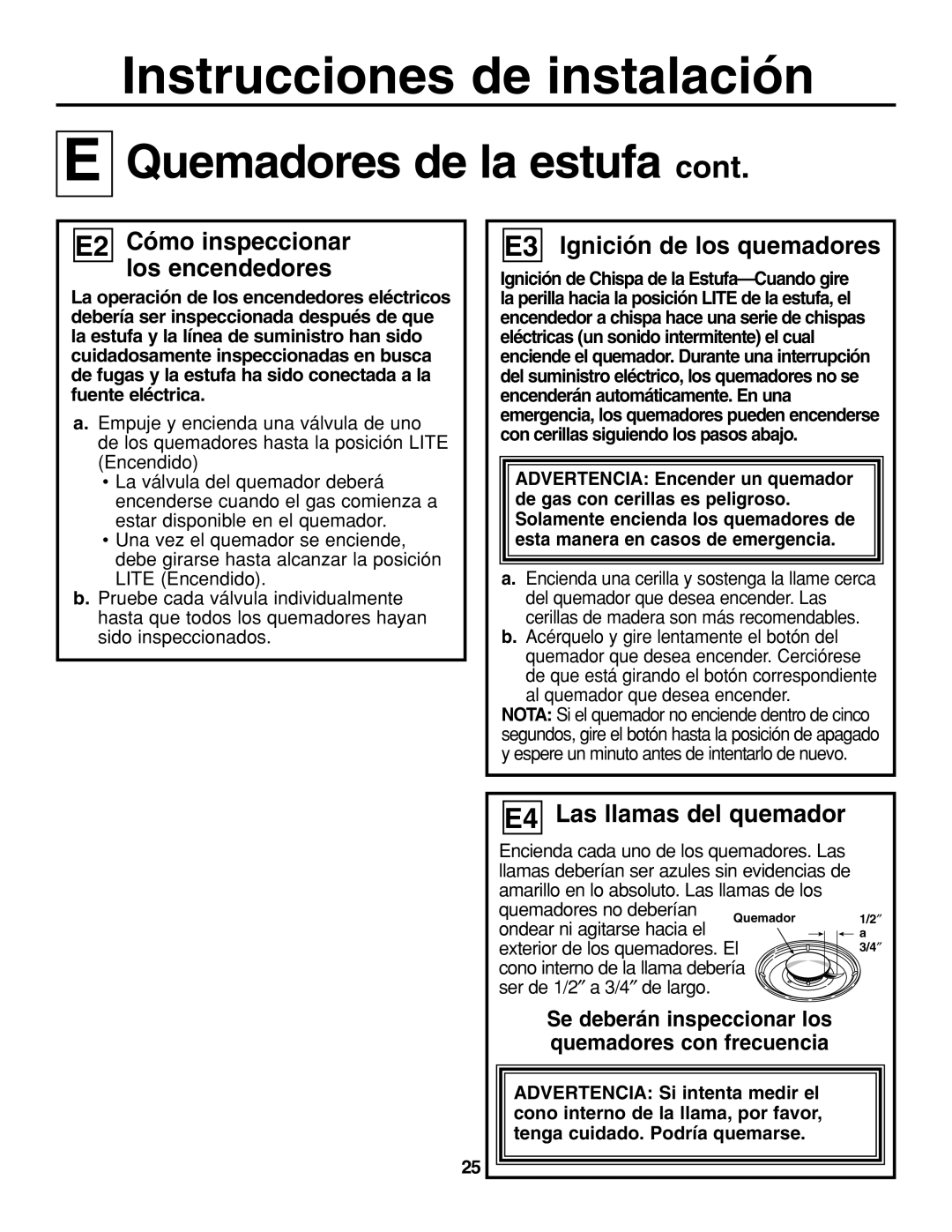 GE JGP637 E2 Cómo inspeccionar los encendedores, E3 Ignición de los quemadores, E4 Las llamas del quemador 