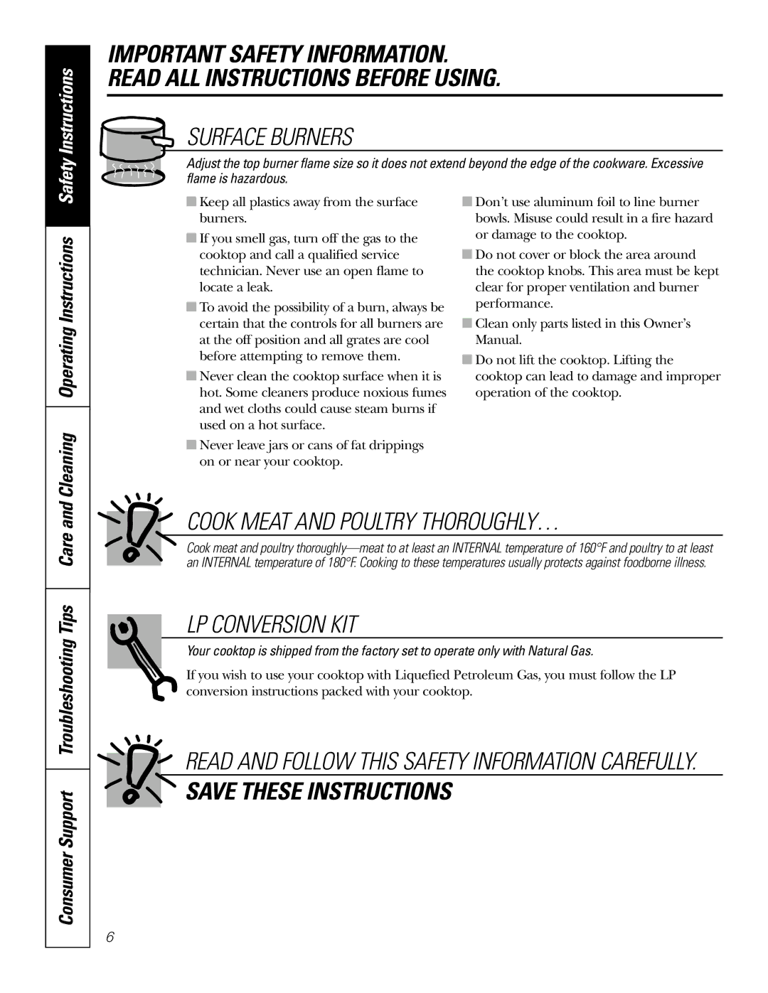 GE JGP637 installation instructions Cook Meat and Poultry THOROUGHLY…, LP Conversion KIT, Cleaning Operating Instructions 