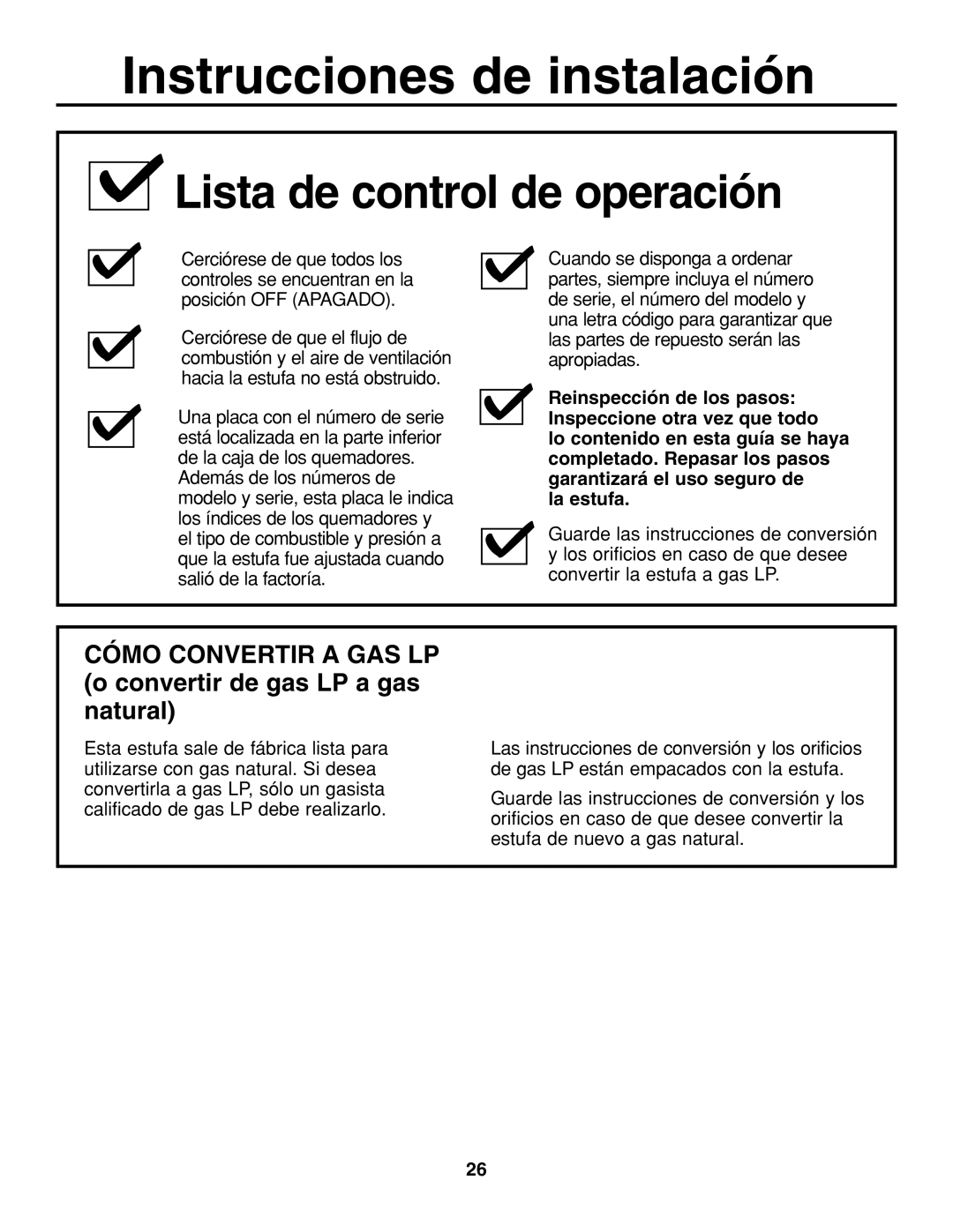 GE JGP637 Lista de control de operación, Cómo Convertir a GAS LP o convertir de gas LP a gas natural 