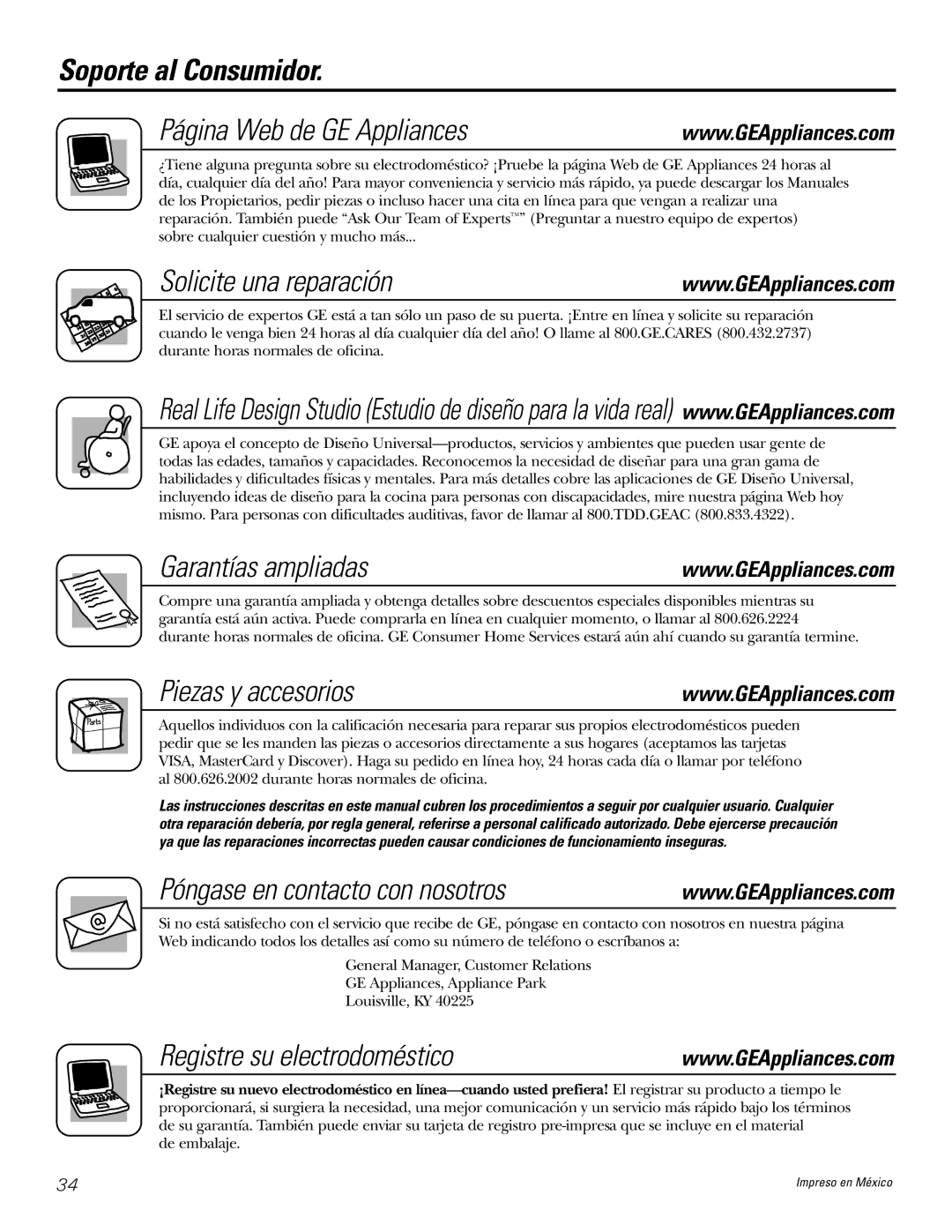 GE JGP637 Soporte al Consumidor Página Web de GE Appliances, Solicite una reparación, Garantías ampliadas 