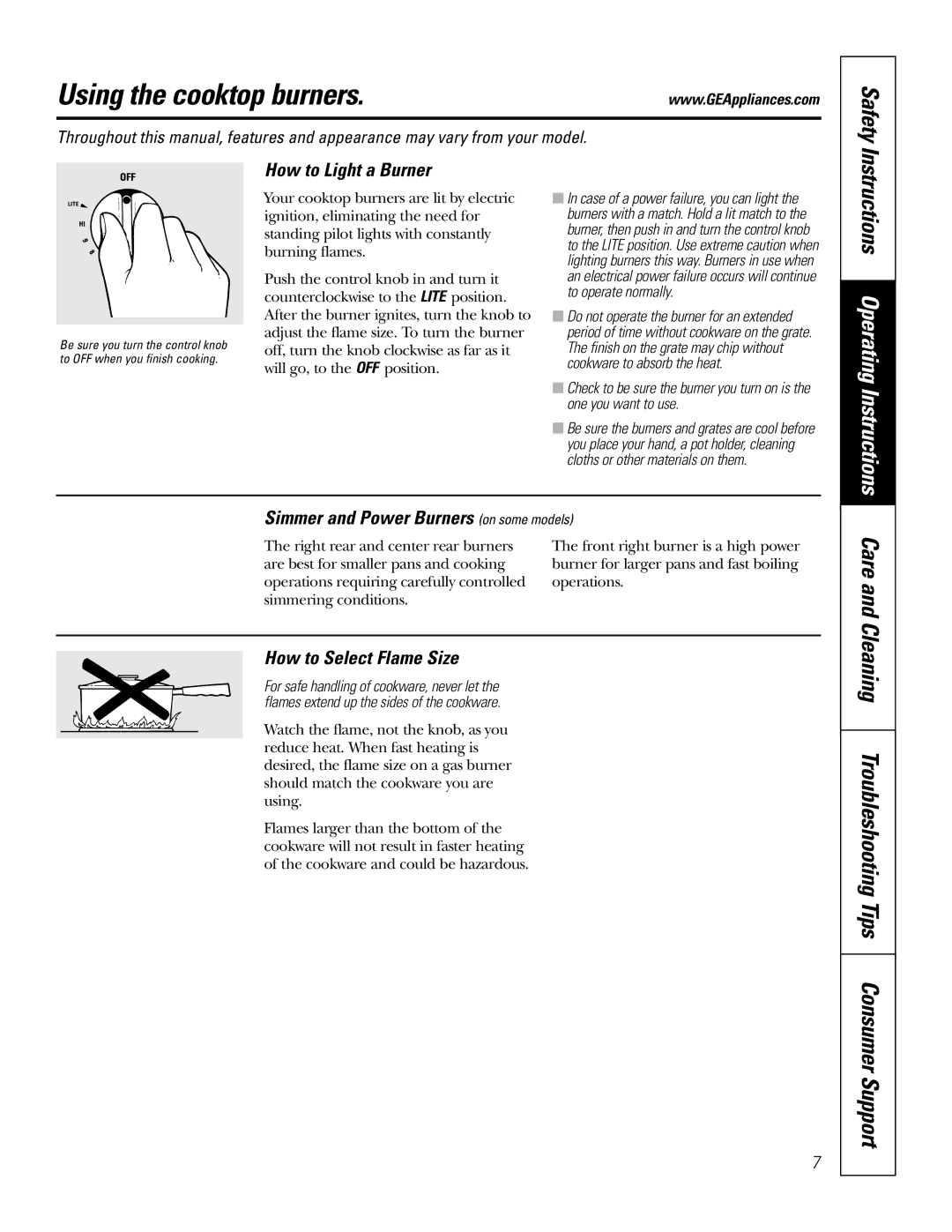 GE JGP637 Using the cooktop burners, Safety, Care and Cleaning Troubleshooting Tips Consumer Support 